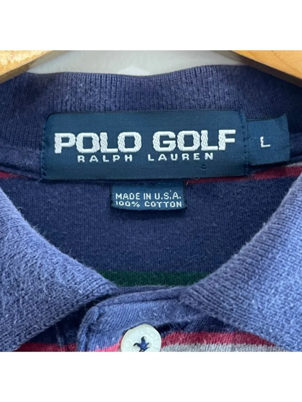 Polo Ralph Lauren Golf Shirt Mens L Navy Stripe Crest 90s Made in USA